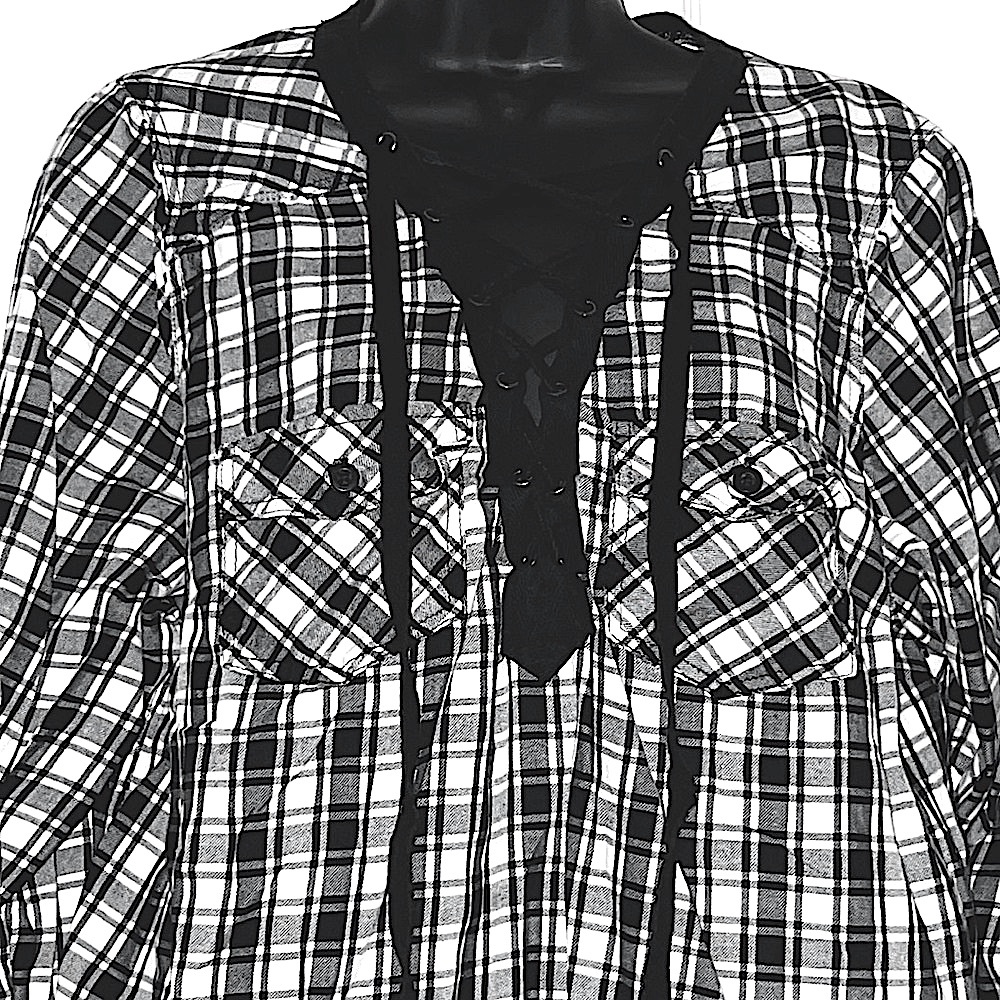 TORRID ๐ค COTTON BLACK/WHITE PLAID LONG SLEEVE LACE-UP BLOUSE TOP Size 1 (14/16) - Picture 3 of 13